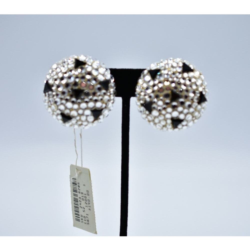 JAMES ARPAD Vintage Clip On Earrings Rhinestone Crystal Black Signed NOS Bin8